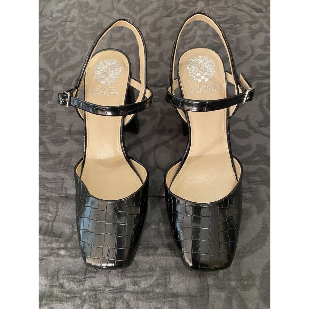 Vince Camuto Black Croc Embossed Slingback Block Heels Mary Jane Pumps Size 10